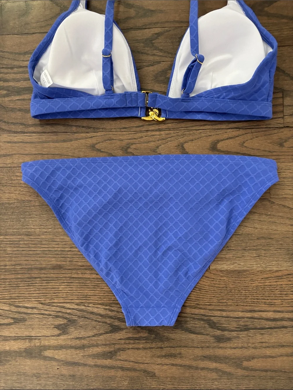 Royal Blue Textured Bikini Set with Gold Chain Accents - Women Swim